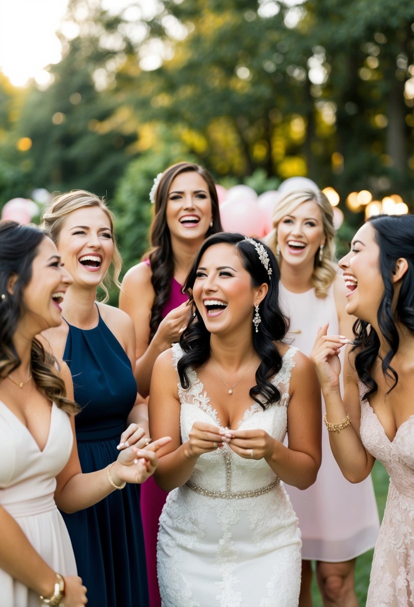 A group of women at a bridal shower, laughing and playing a game where they guess the designer of different wedding dresses