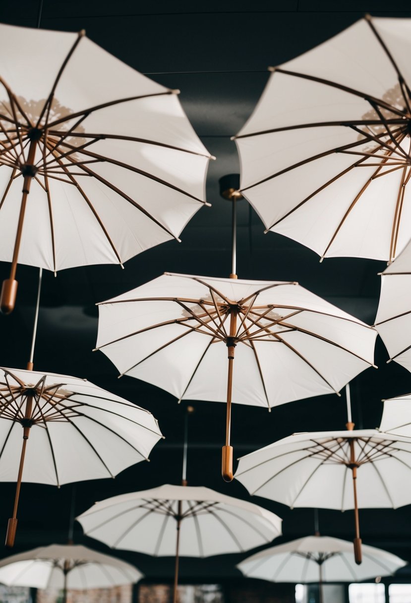 White floral umbrellas hang from ceiling, casting soft shadows