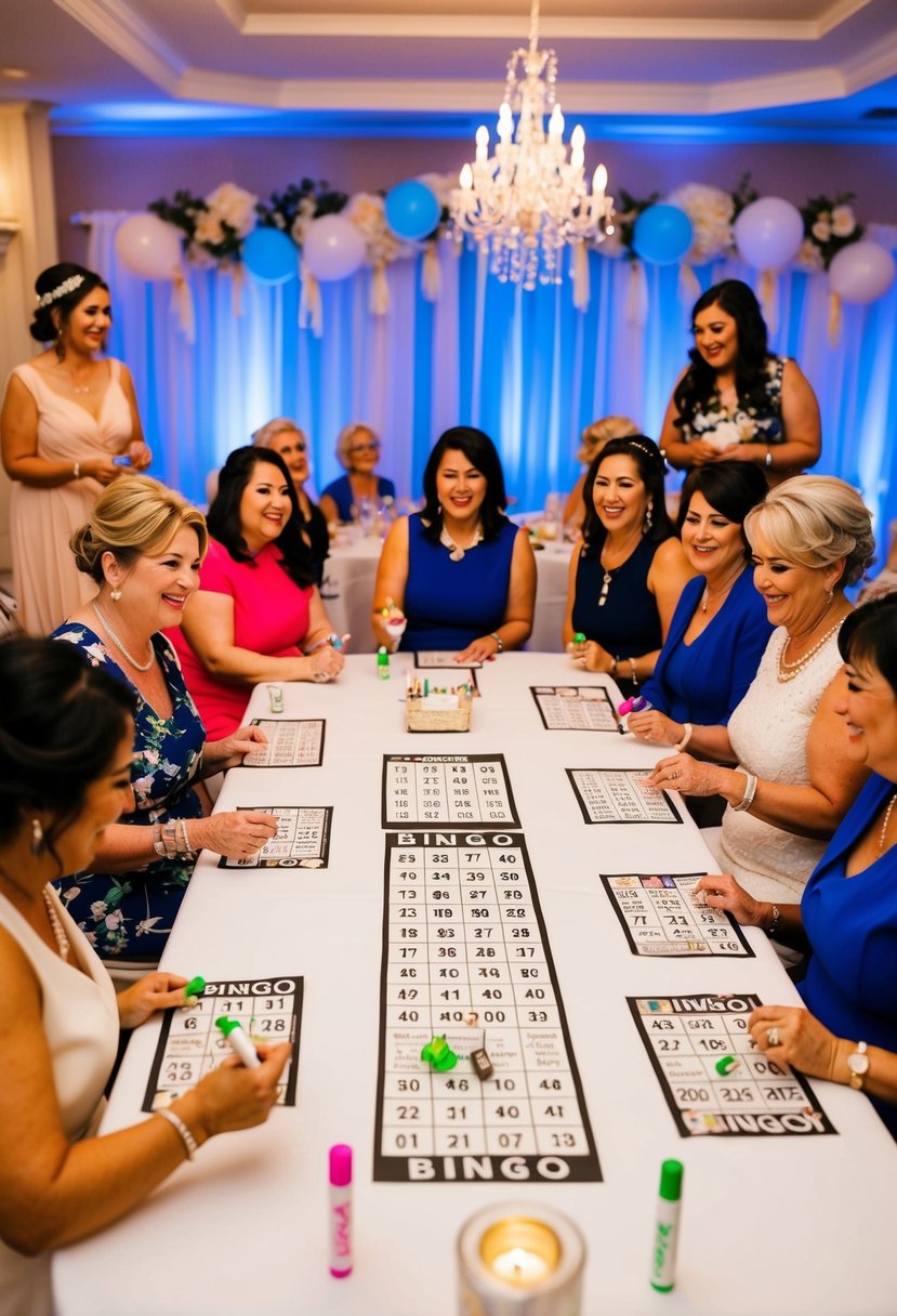 A group of women sit around a table, each with a bingo card and markers. The room is decorated with wedding-themed items and the atmosphere is lively and joyful