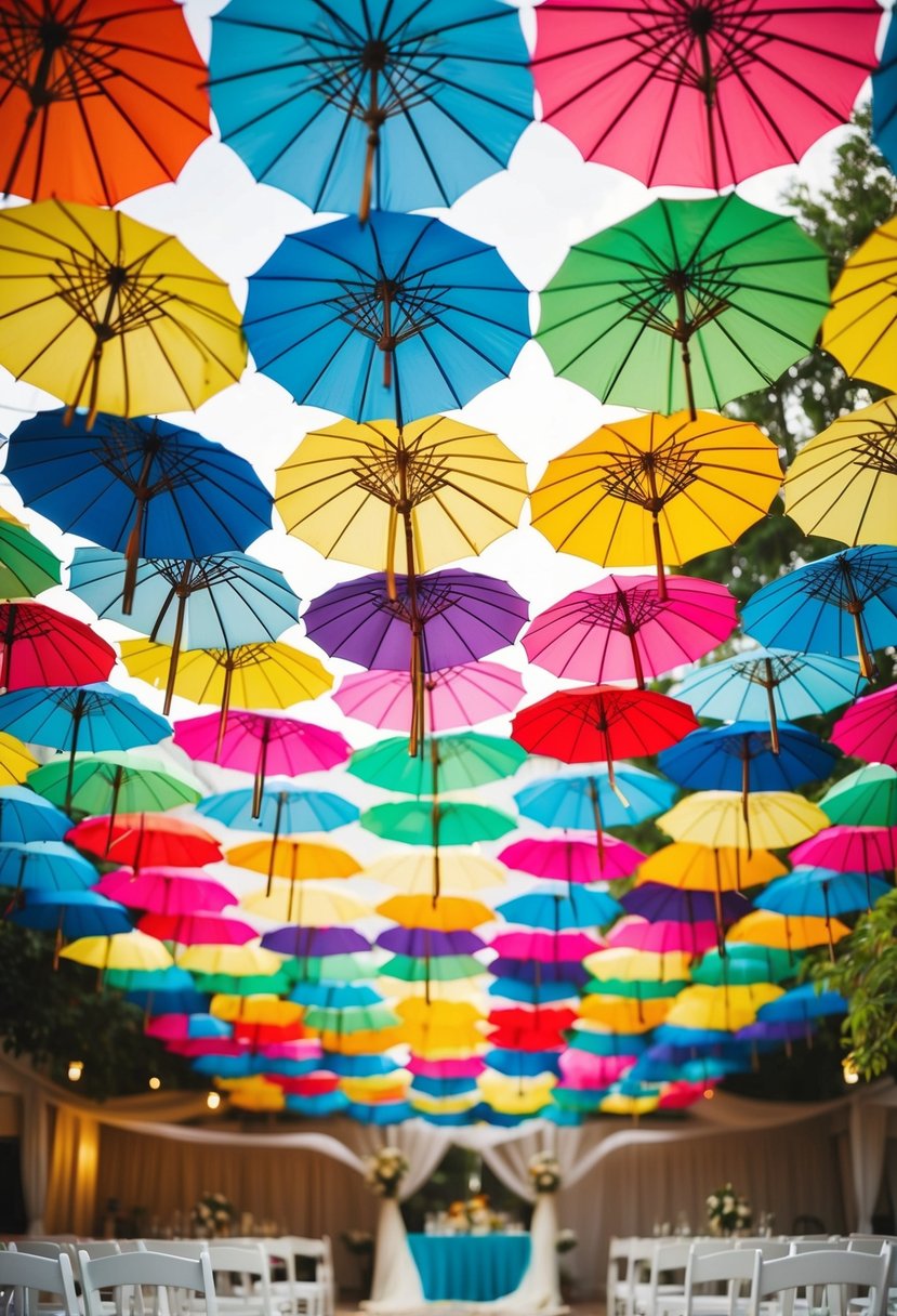 Colorful parasols arranged in a cascading display, casting vibrant hues over a wedding venue