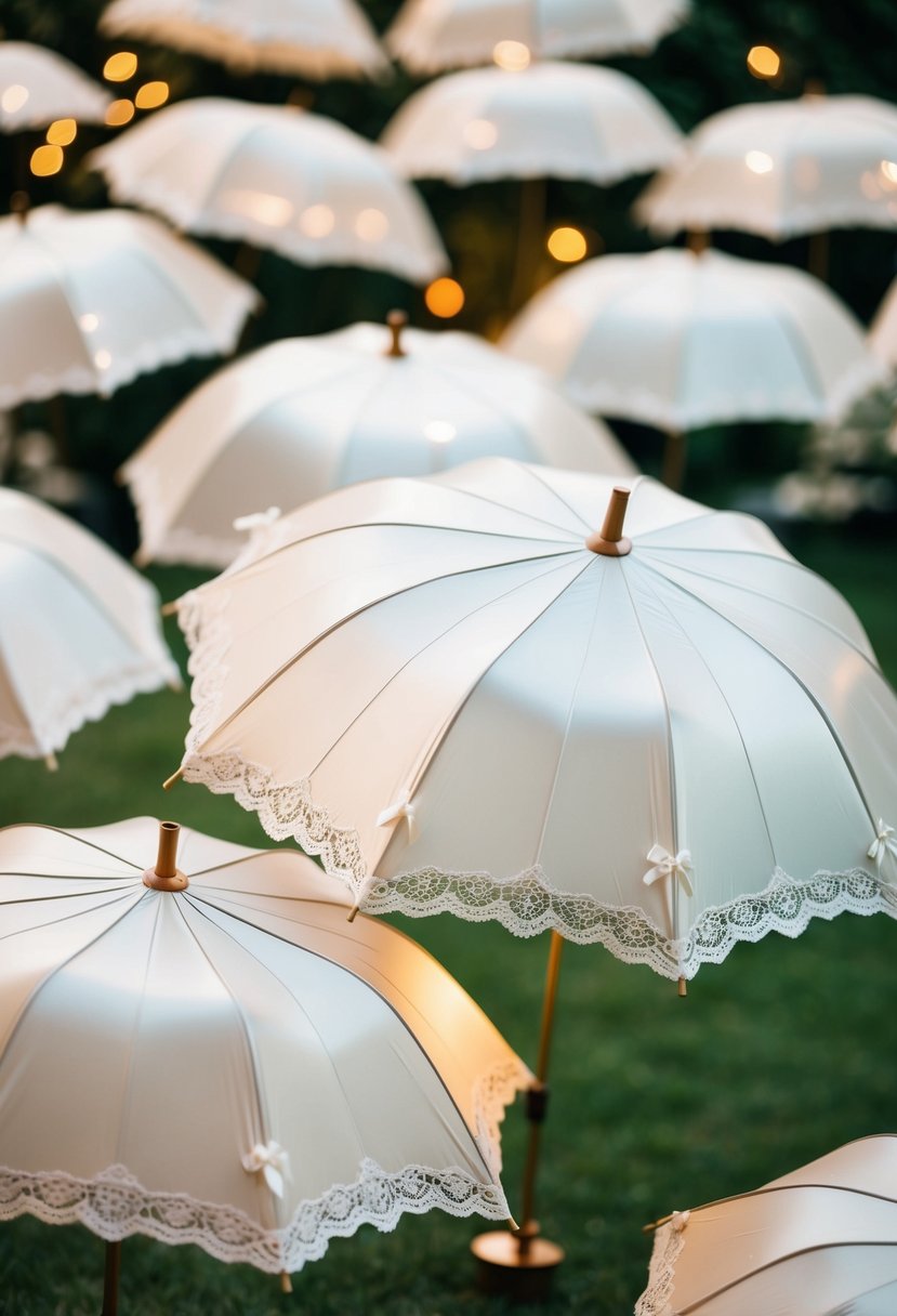 Elegant lace-trimmed umbrellas arranged in a decorative wedding display