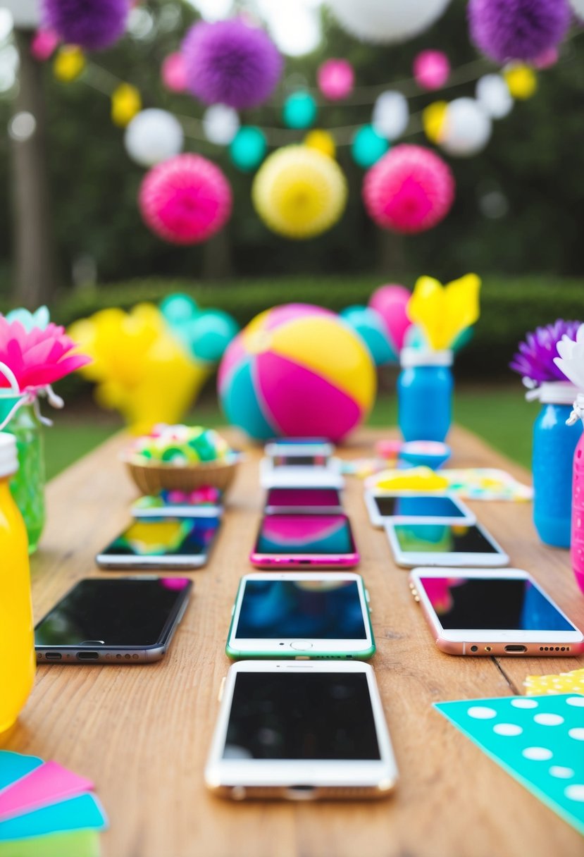 A table with various smartphones, surrounded by colorful decorations and game supplies for a wedding shower