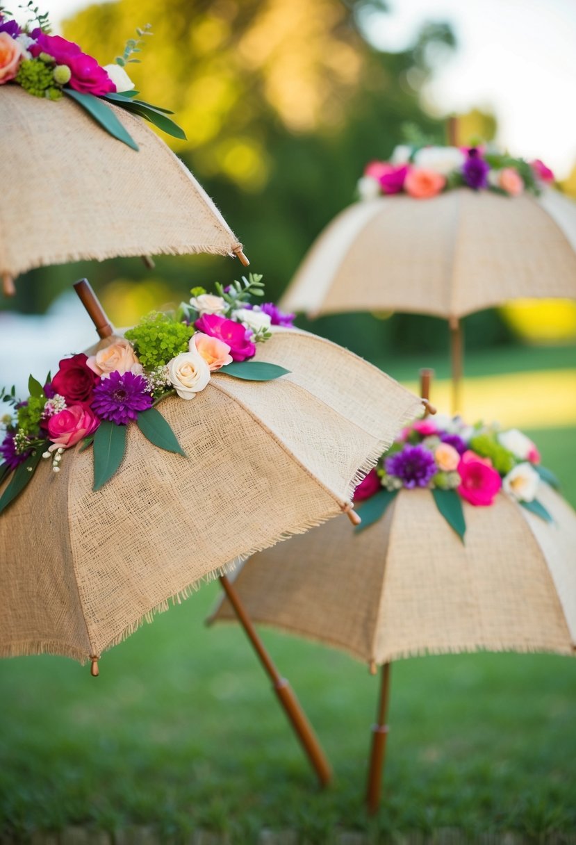 Rustic burlap umbrellas adorned with vibrant floral accents, creating a charming and whimsical wedding decoration