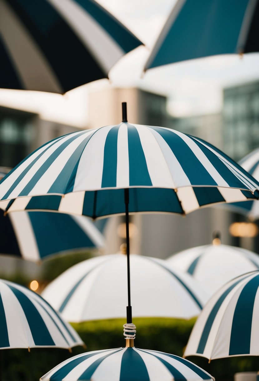 Several chic striped umbrellas arranged in a modern wedding setting