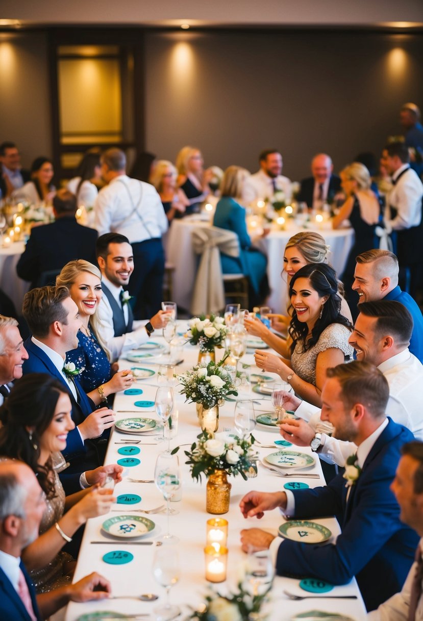 Guests gathered around tables, competing in personalized trivia games. Decor includes wedding motifs and themed centerpieces. Laughter and friendly competition fill the room