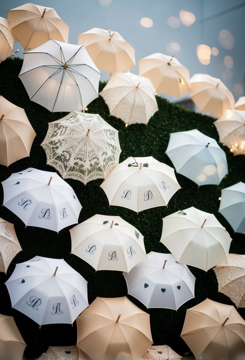 Monogrammed umbrellas arranged in a decorative display for a wedding, featuring elegant patterns and personalized details