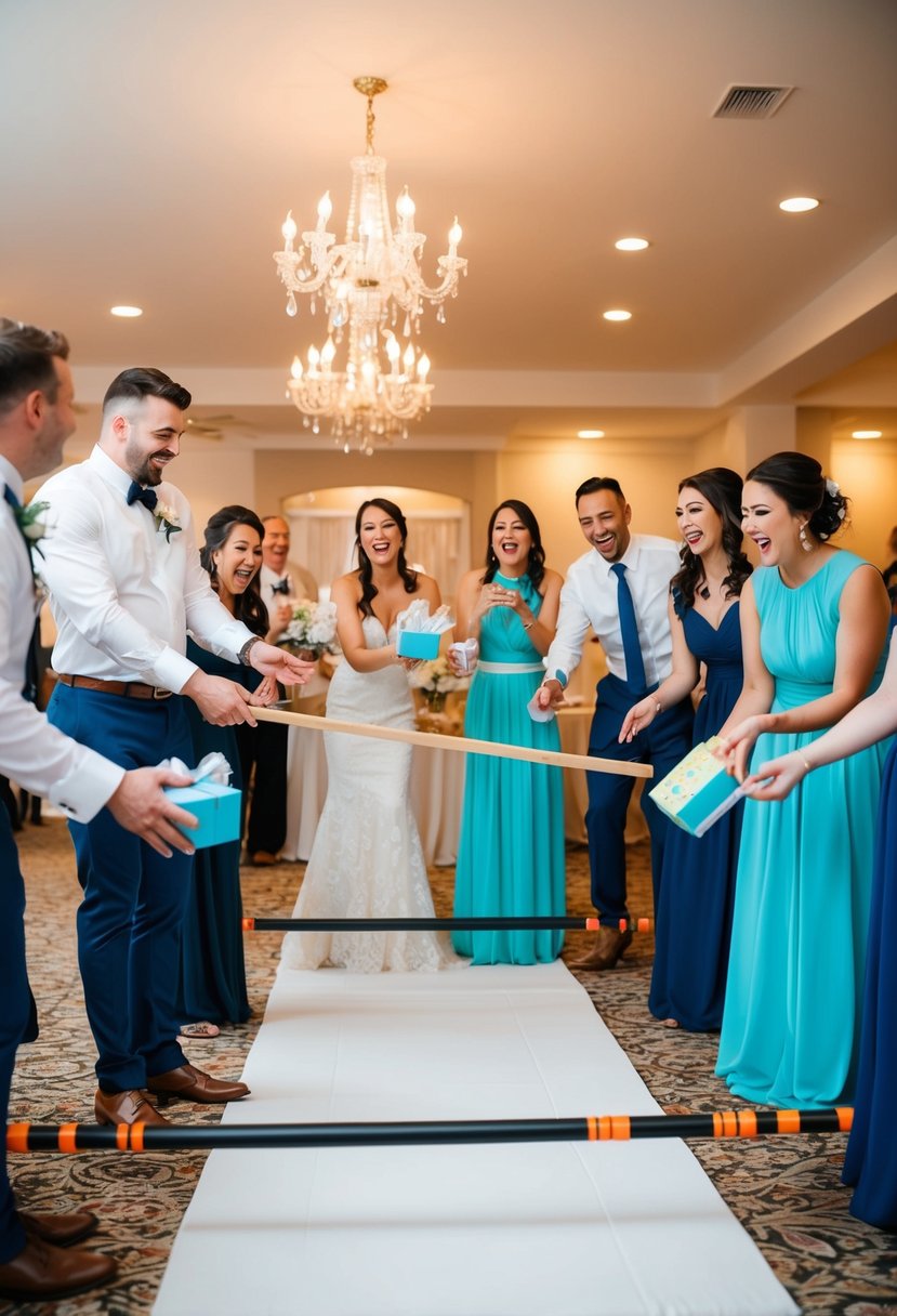 Guests playing "Over or Under" wedding shower game, passing items to each other over or under a limbo stick. Laughter and excitement fill the room