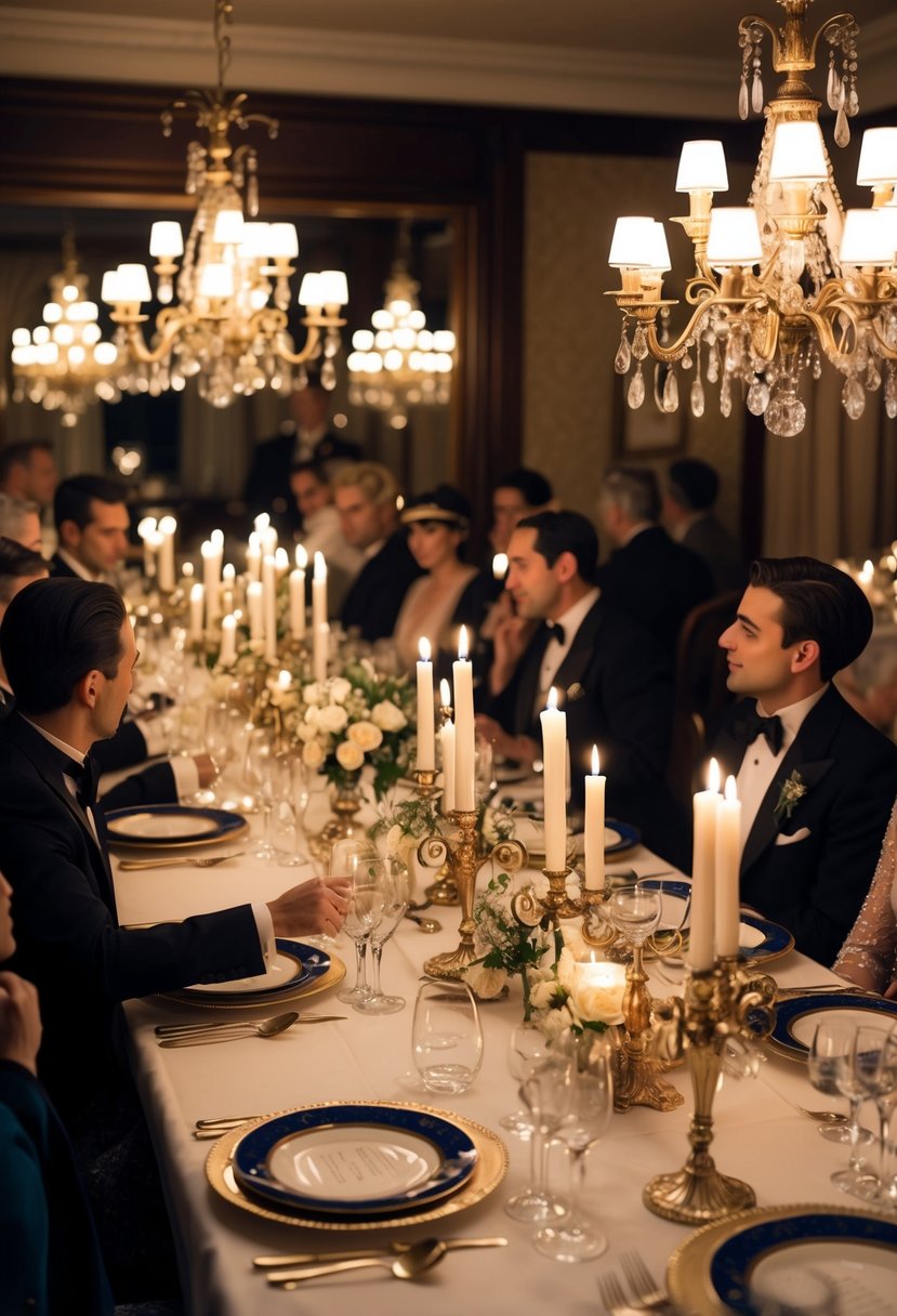 A dimly lit dining room adorned with vintage candelabras and ornate place settings. A game of Clue-themed dinner party unfolds with guests dressed in glamorous 1920s attire