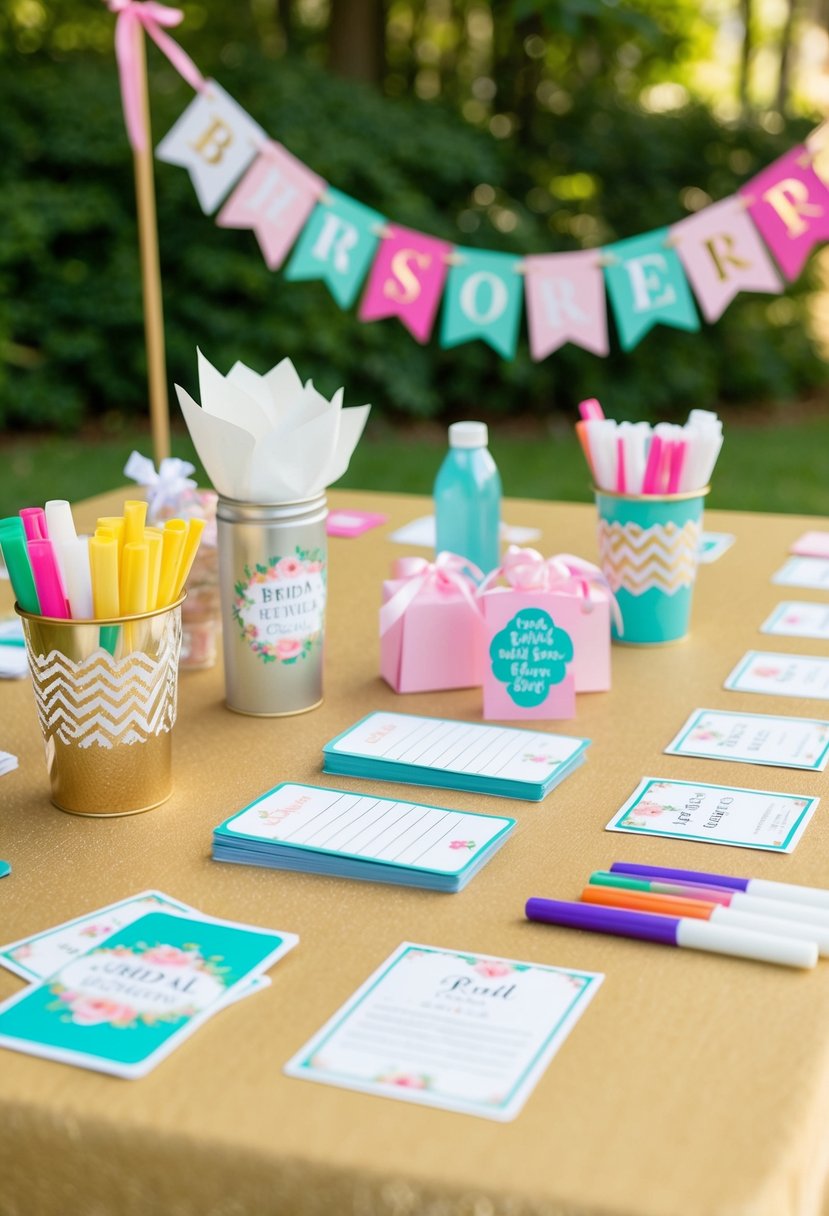 A table set with various bridal shower game supplies and decorations, including cards, markers, and a decorative banner