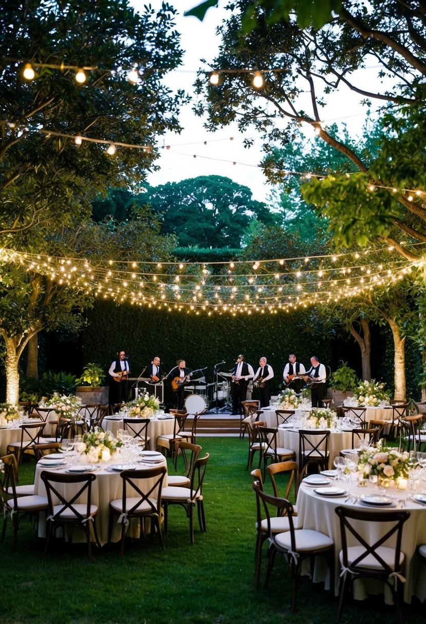 A lush garden filled with elegant tables, twinkling lights, and a live band playing under a canopy of trees