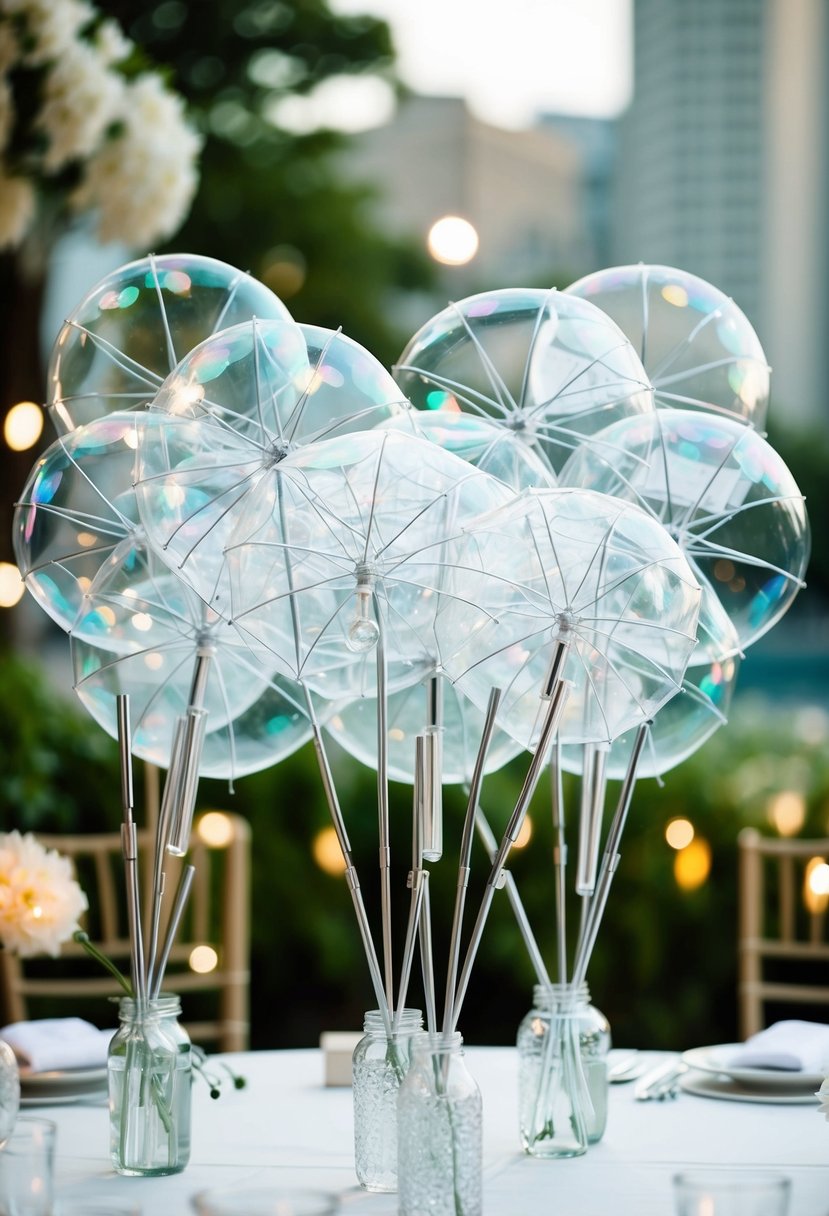 A cluster of clear bubble umbrellas arranged in a stylish display for a wedding decoration