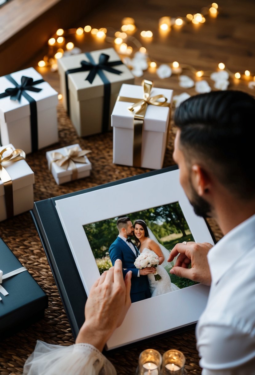 A couple opening a personalized photo album surrounded by wedding shower gifts