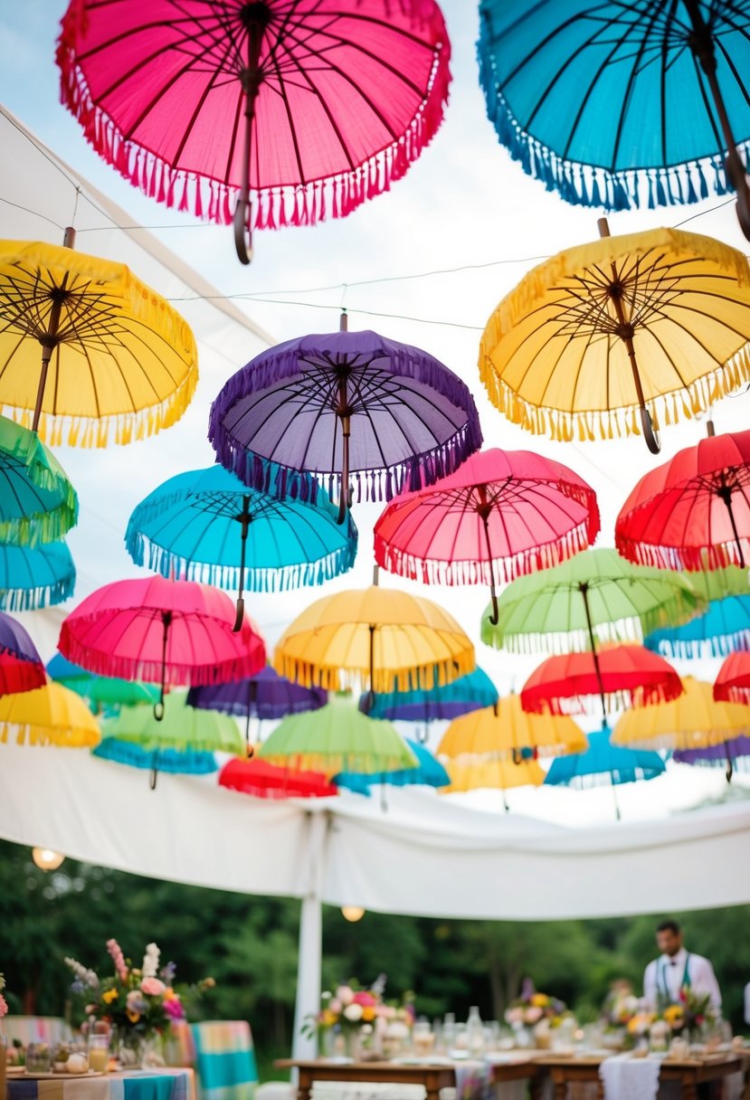 Colorful fringe umbrellas hang from a canopy, swaying gently in the breeze. The bohemian-inspired decor creates a whimsical and festive atmosphere for a wedding celebration