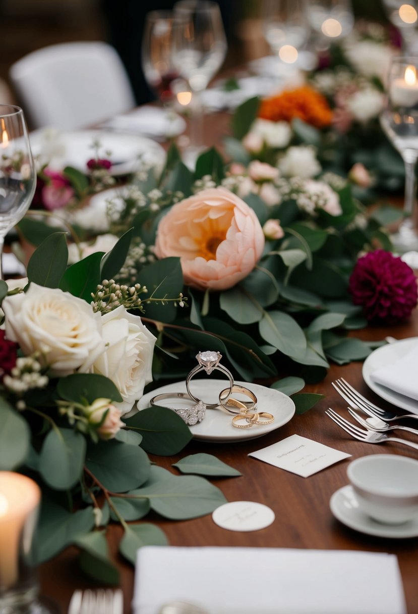 A table scattered with various wedding-related items, including rings hidden among the decorations