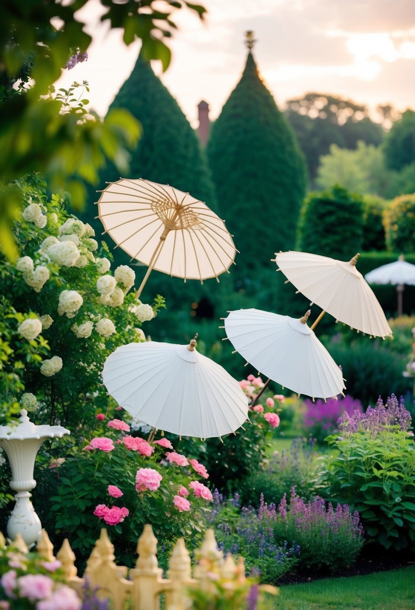 A garden adorned with Victorian-style parasols, creating an elegant and whimsical atmosphere