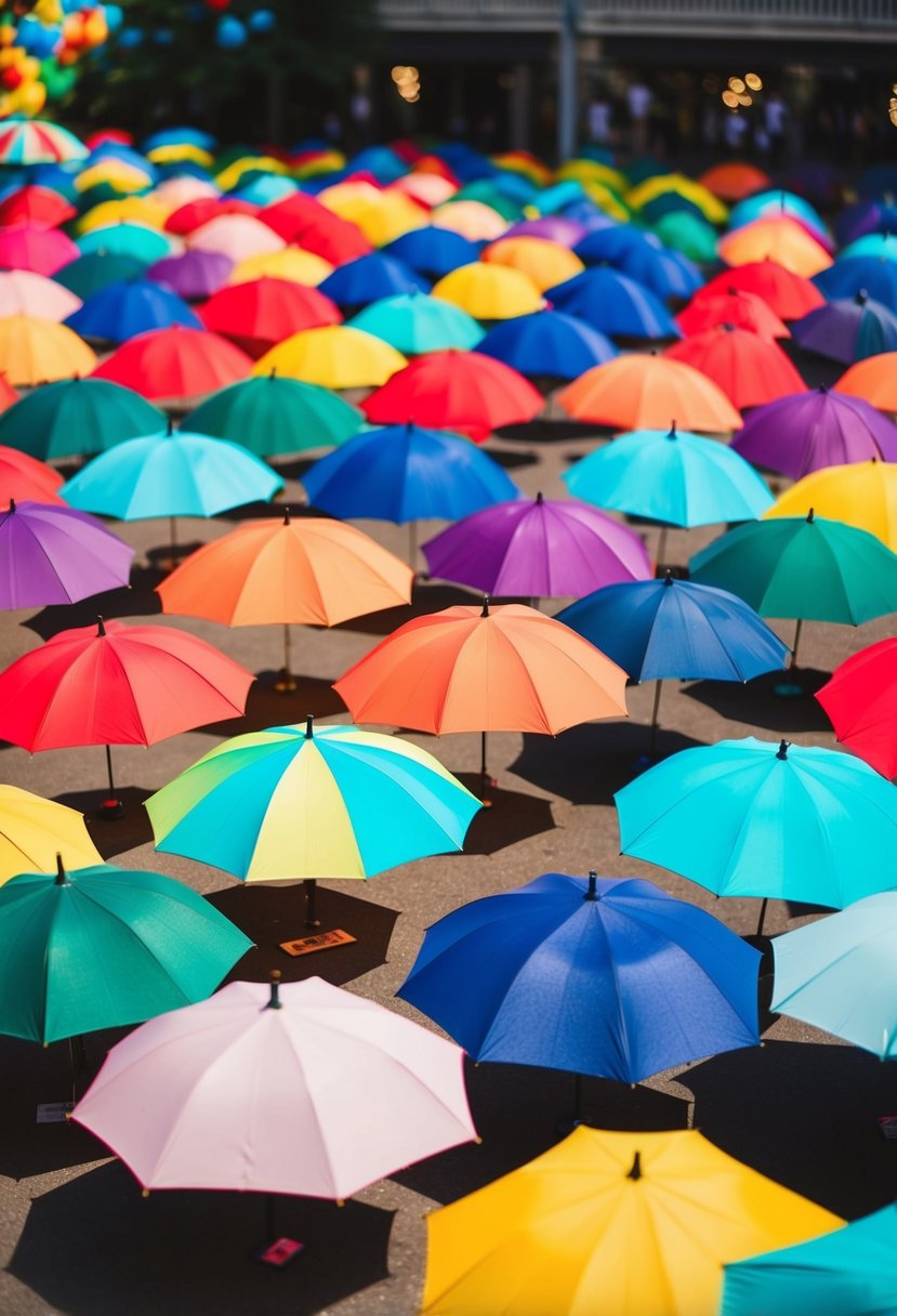 Vibrant umbrellas arranged in a whimsical display, casting colorful shadows on the ground