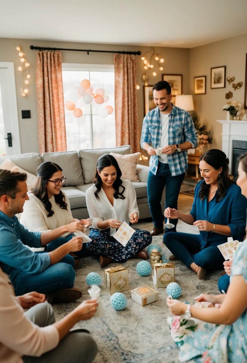 A group of people playing wedding shower games in a cozy living room filled with nostalgic decorations