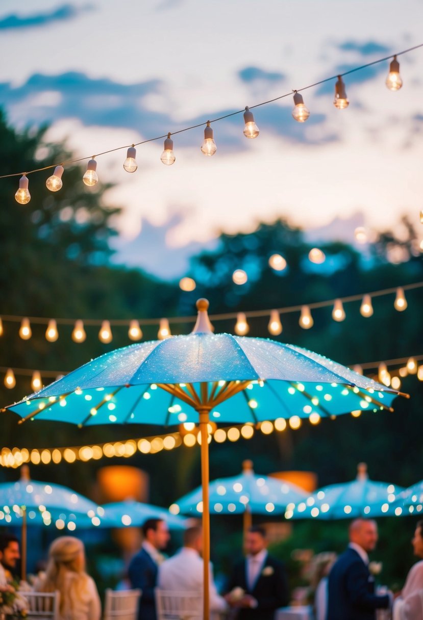 Whimsical umbrellas adorned with LED lights, creating a magical ambiance for a wedding celebration