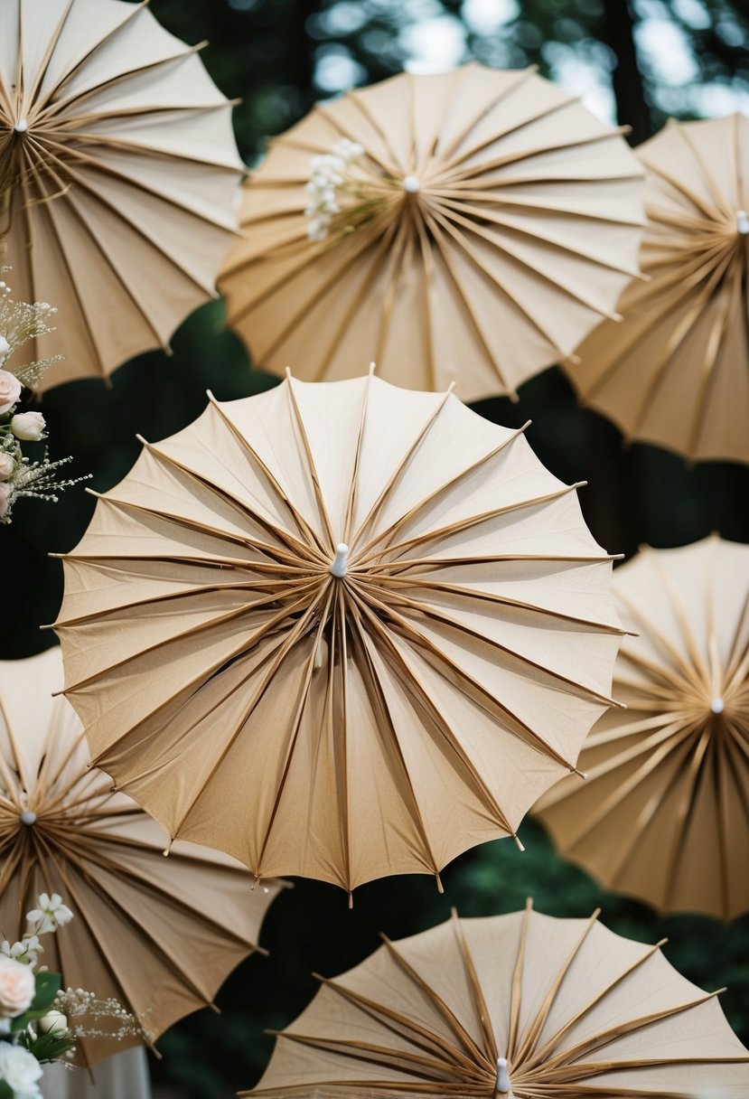 A group of vintage-style oiled paper umbrellas arranged as wedding decorations, with soft lighting and delicate floral accents