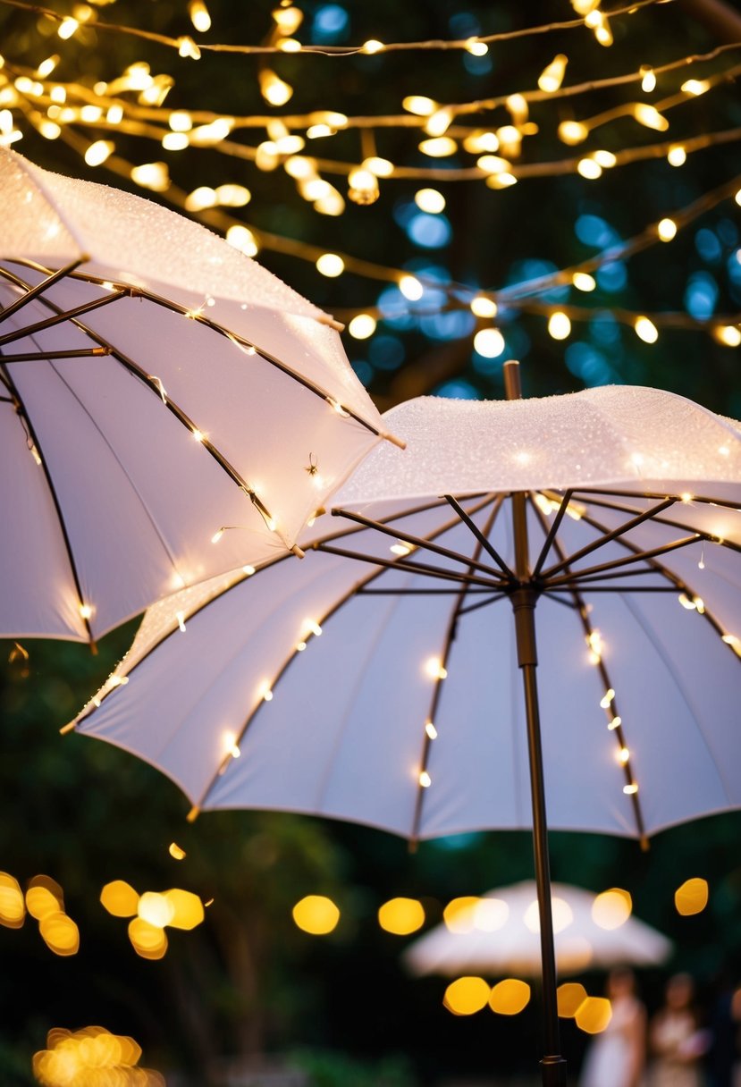 Fairy lights twinkle on umbrellas, creating a magical wedding decoration