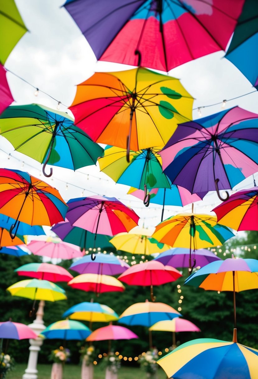 Vibrant hand-painted umbrellas arranged in a whimsical display for a wedding, adding a personal touch to the celebration