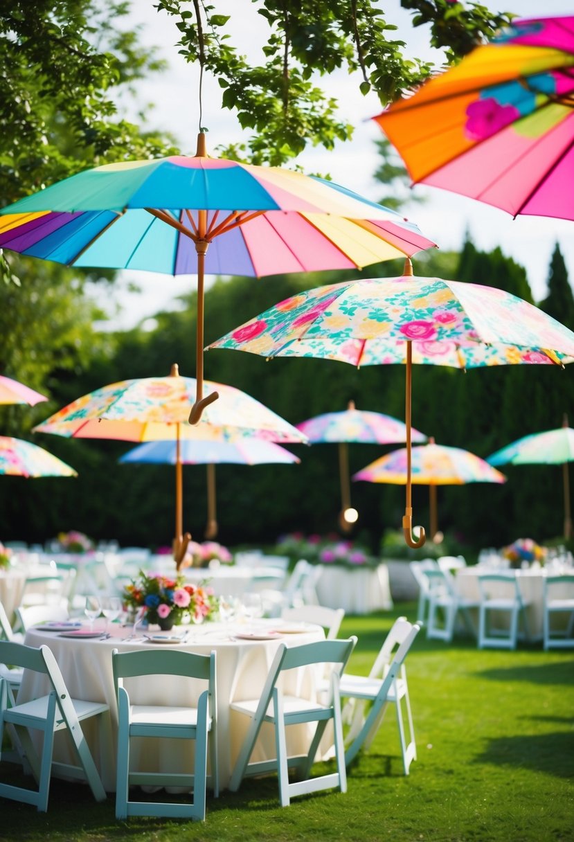 Colorful floral print umbrellas arranged in a garden, hanging from trees and scattered throughout the outdoor wedding venue