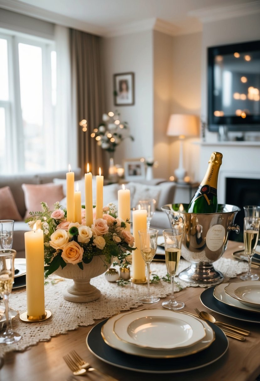 A cozy living room with a beautifully set dining table, adorned with candles, flowers, and elegant dinnerware. A bottle of champagne chilling in an ice bucket, and soft music playing in the background