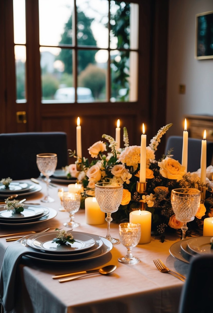 A cozy dining table set with candles, flowers, and elegant dinnerware. Soft lighting creates a warm, romantic atmosphere for a home wedding anniversary celebration