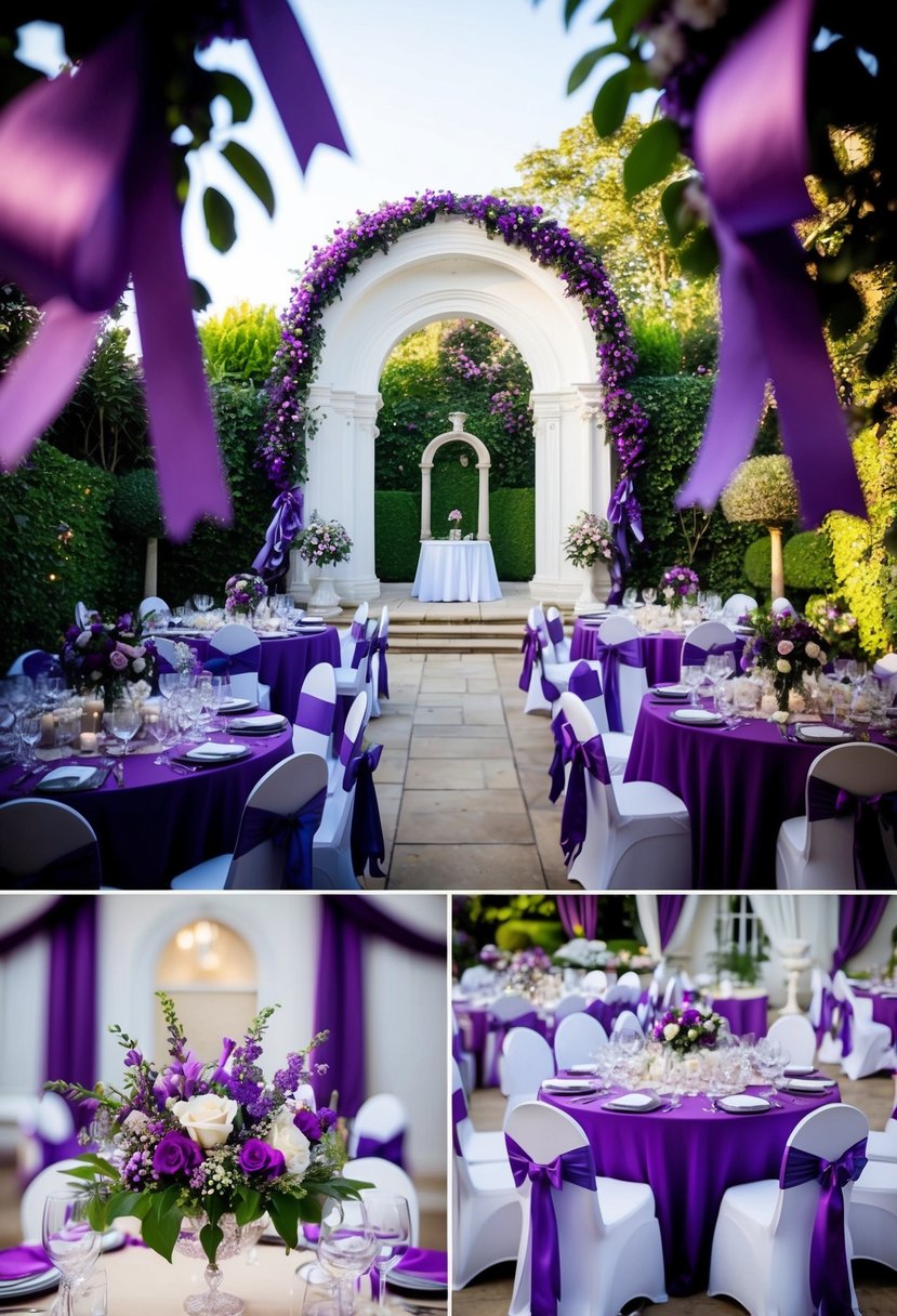 A lush garden adorned with purple flowers and ribbons, a grand archway framing a wedding altar, and elegant tables set with purple linens and floral centerpieces