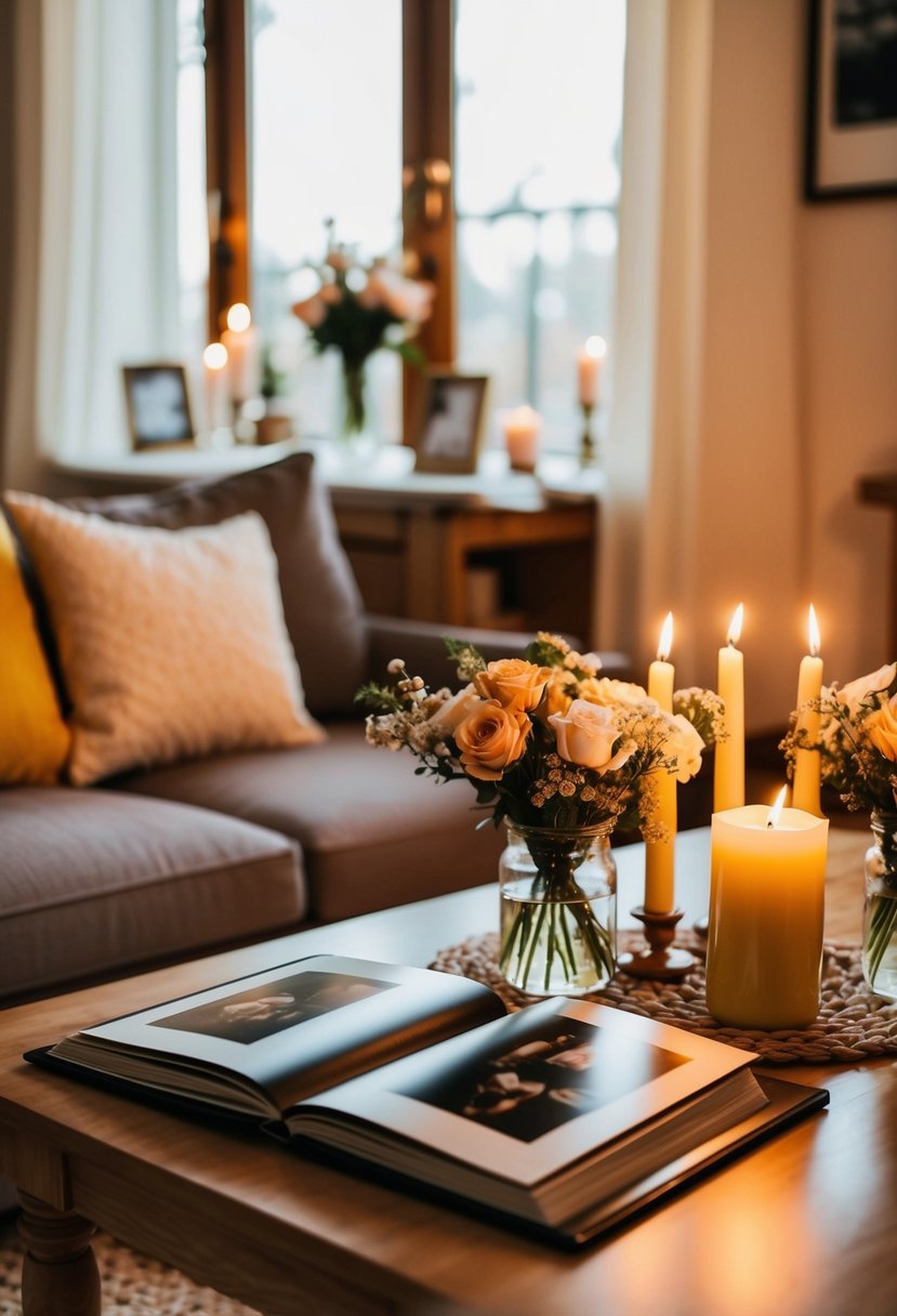 A cozy living room with a table set for two, adorned with candles, flowers, and a photo album. Soft lighting and a warm atmosphere