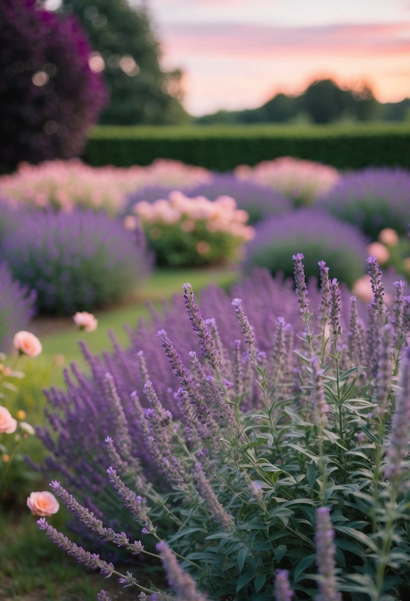 A garden filled with lavender and blush-colored flowers, with a soft purple and pink sunset casting a romantic glow over the scene