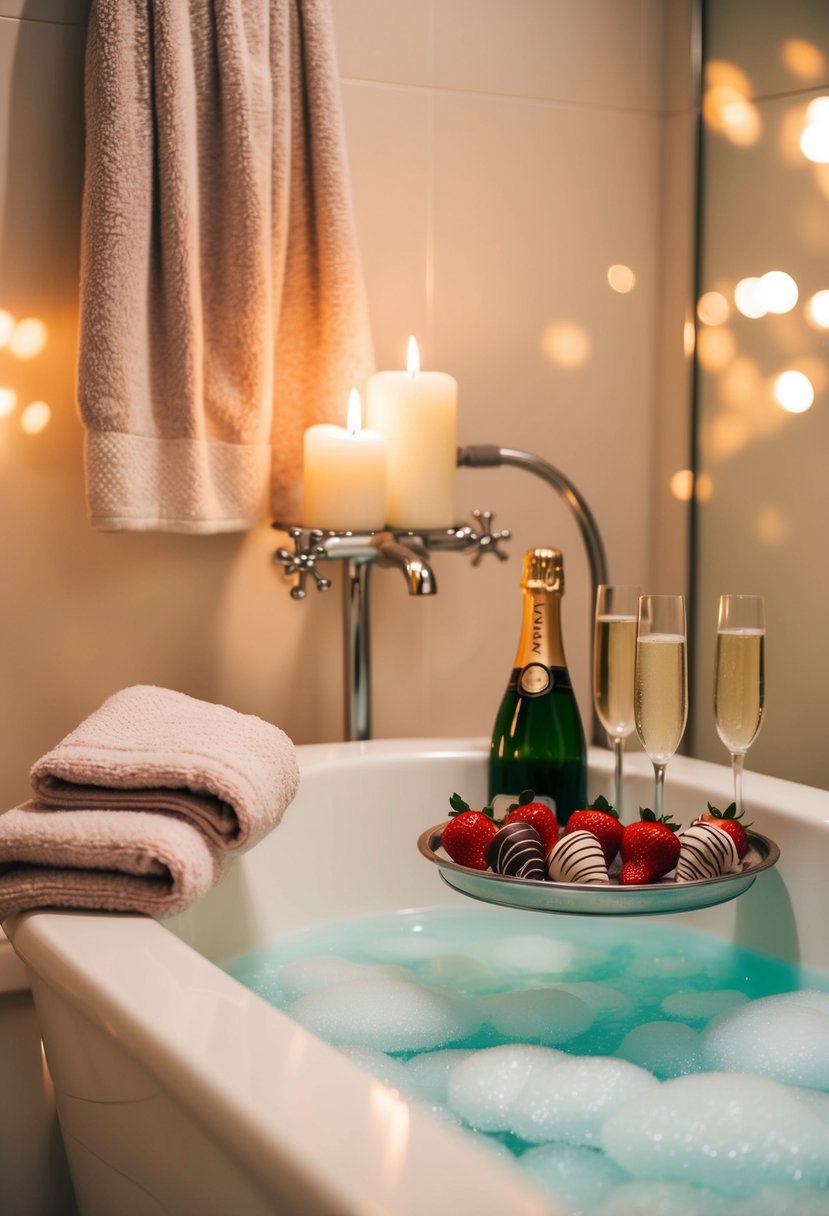 A cozy, candlelit bathroom with a bubbling bath, fluffy towels, and a tray of champagne and chocolate-covered strawberries