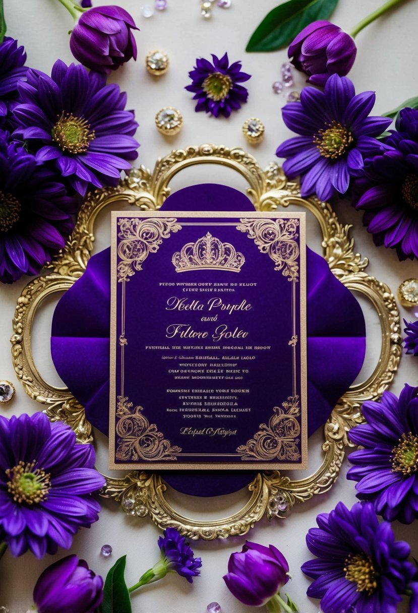 A regal purple and gold wedding invitation surrounded by elegant violet flowers and shimmering gold accents