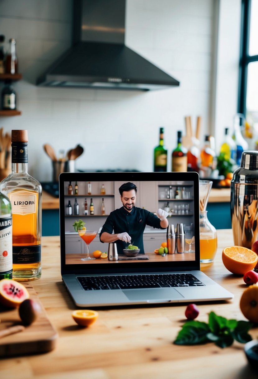 A virtual cocktail-making class: a cozy home kitchen with a laptop showing a live video of a mixologist, surrounded by bottles of liquor, fresh fruits, and cocktail shakers