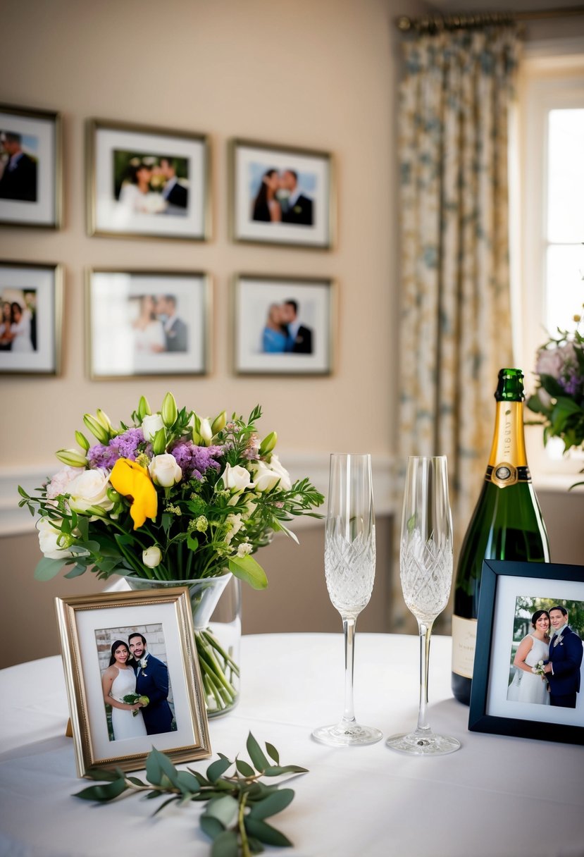 A table set with a bouquet of flowers, a bottle of champagne, and two crystal glasses, surrounded by framed photos of the couple throughout the years