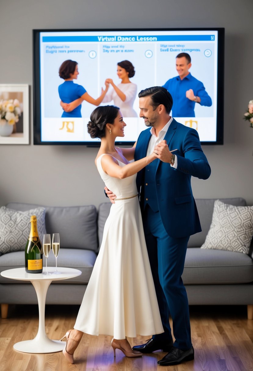 A couple dances in their living room, surrounded by virtual dance lesson instructions on a screen. A bottle of champagne sits on a nearby table