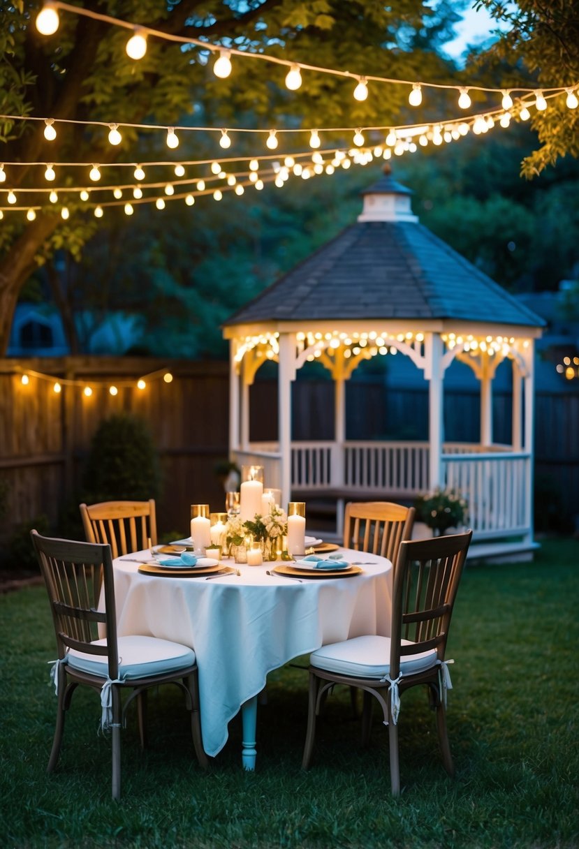 A cozy backyard set with string lights, a beautifully decorated table with candles, and a romantic gazebo for a virtual destination wedding anniversary celebration at home