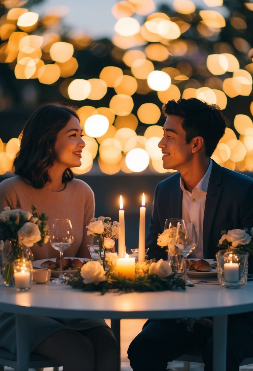 A couple sits at a candlelit table, surrounded by flowers and soft music, reminiscing about their first date