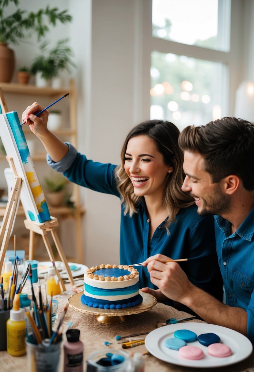 A couple joyfully painting together at a cozy table adorned with art supplies and a homemade anniversary cake