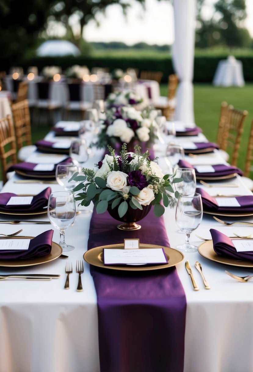 A table adorned with deep purple eggplant linens, set for a wedding celebration