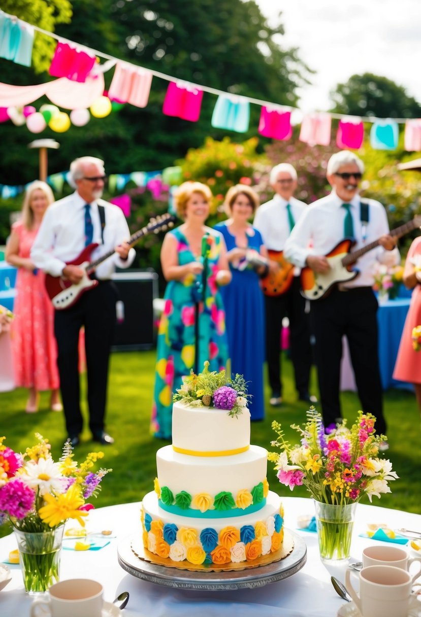 A festive garden party with colorful decorations, a large cake, and a live band playing music for a 69th wedding anniversary celebration