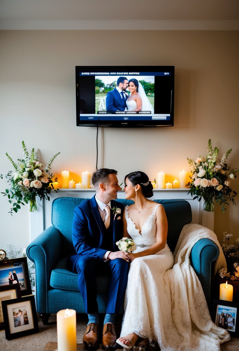 A couple sits on a cozy couch, surrounded by wedding memorabilia. A TV screen displays their wedding video, while candles and flowers adorn the room