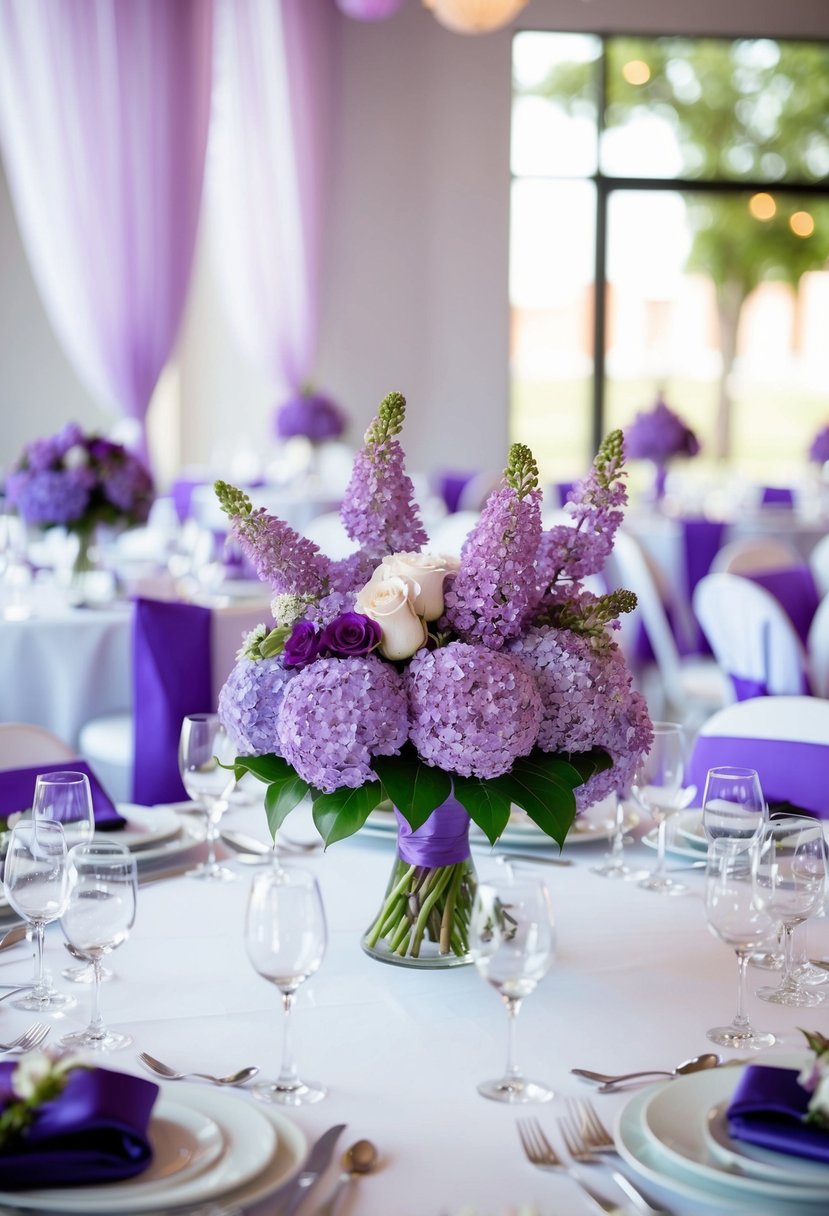 A table adorned with lilac floral centerpieces at a purple-themed wedding