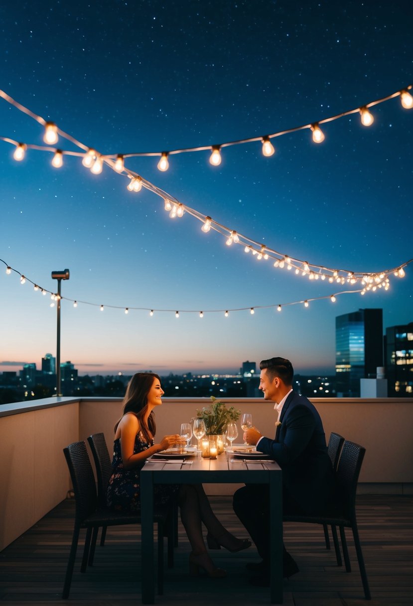 A couple dines under string lights on a rooftop, surrounded by cityscape views and a starry night sky