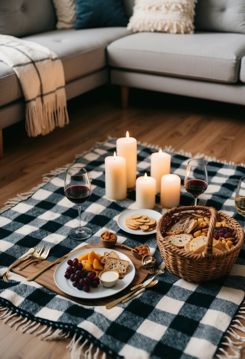 An indoor picnic spread on a cozy living room floor, with a checkered blanket, candles, wine glasses, and a basket of gourmet snacks