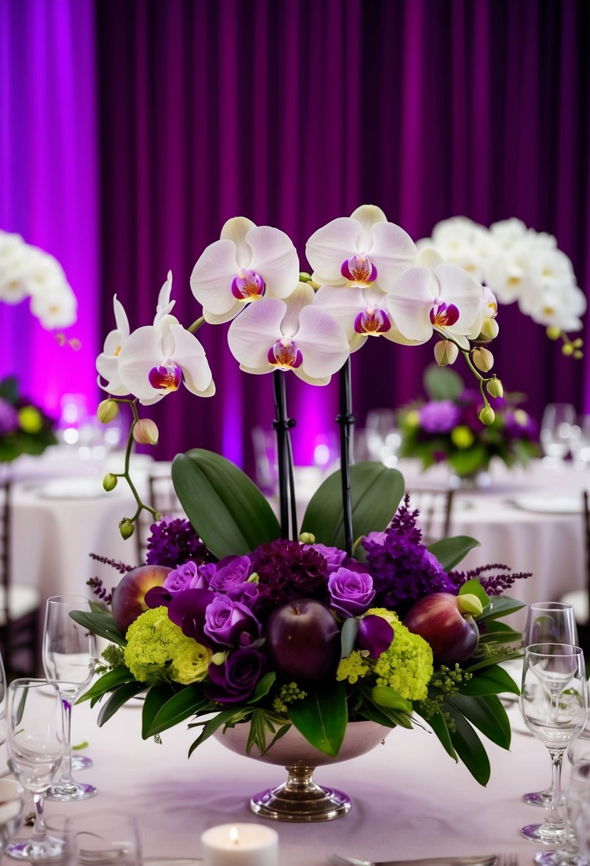 A table adorned with lush orchid and plum bouquets, set against a backdrop of rich purple hues, creating a stunning wedding centerpiece