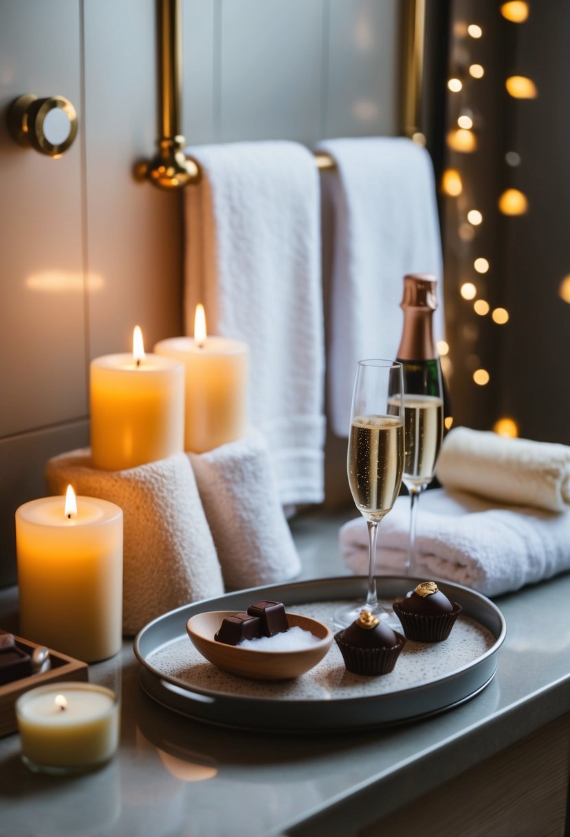 A cozy bathroom with candles, soft towels, and bath salts. A tray holds champagne and chocolates. Soft music plays in the background