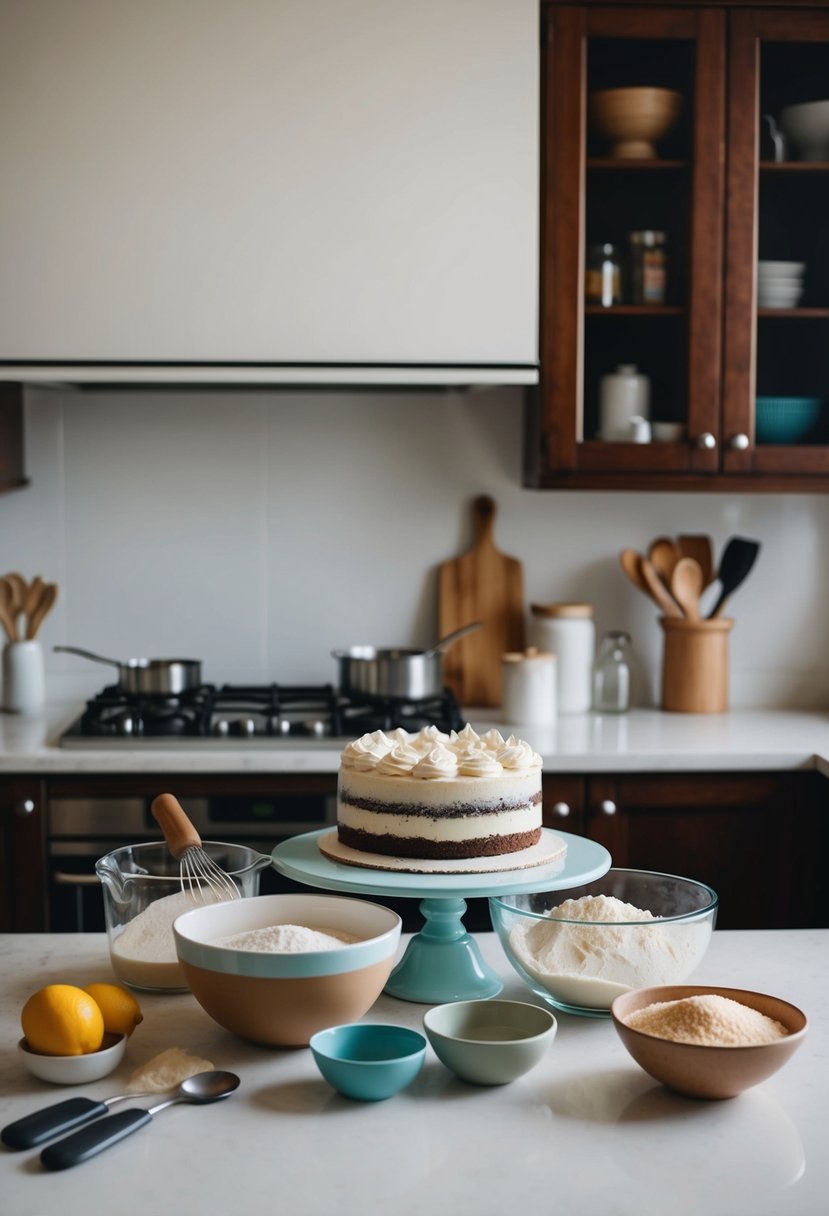 A kitchen counter with ingredients, mixing bowls, and utensils for baking a cake from scratch for a wedding anniversary celebration at home