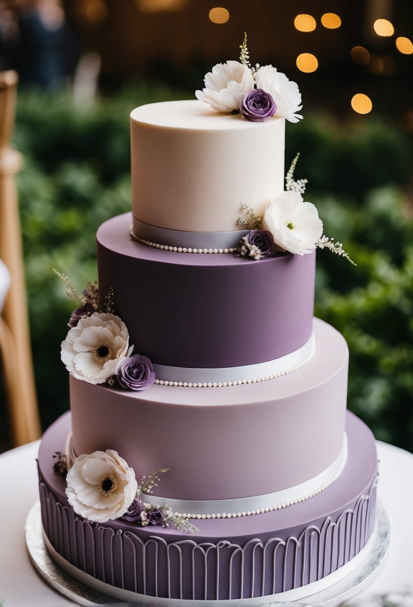 A three-tiered wedding cake in shades of mauve and purple, adorned with delicate flowers and intricate piping designs