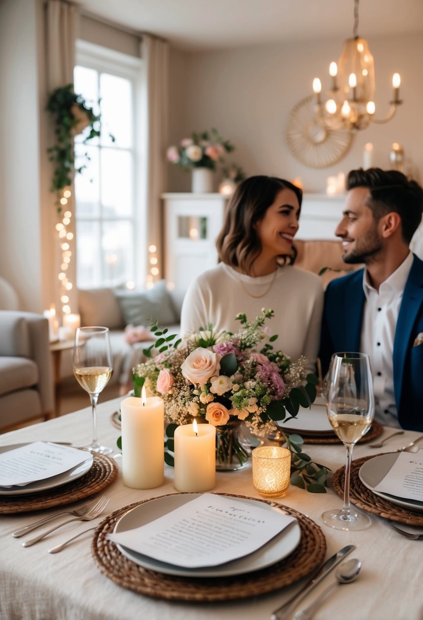 A cozy living room with a table set for two, adorned with candles, flowers, and love letters. Soft music plays in the background as the couple celebrates their wedding anniversary at home